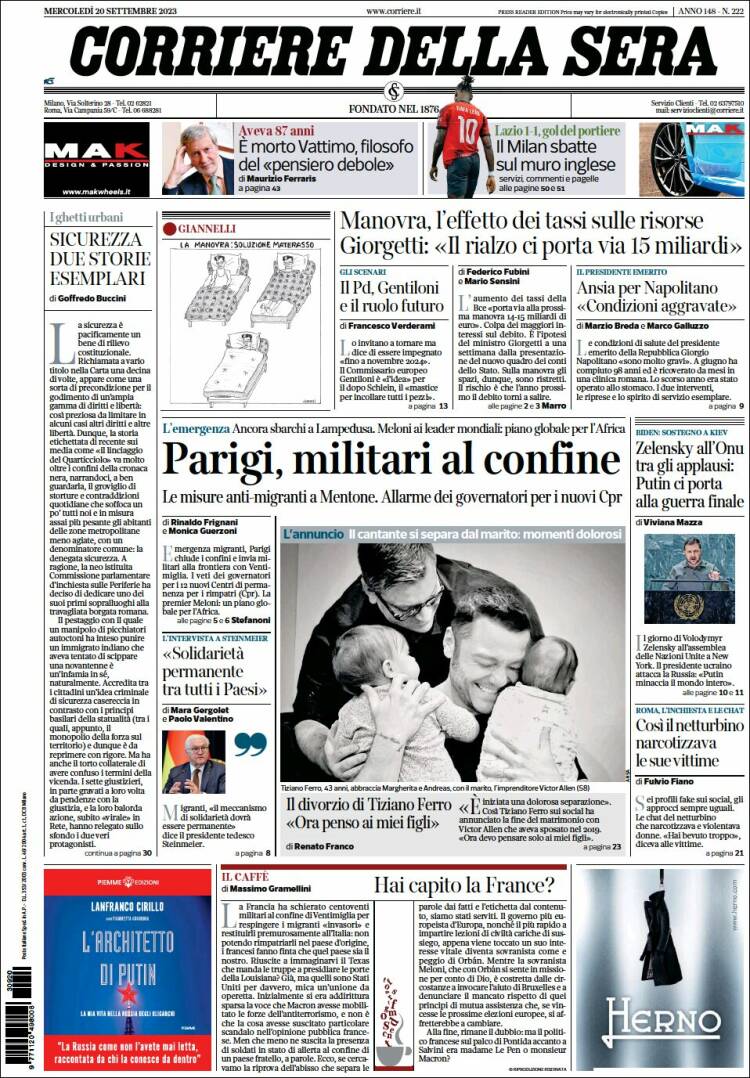 Portada de Corriere della Sera (Italia)