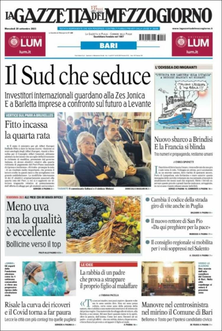 Portada de La Gazzetta del Mezzogiorno (Italia)