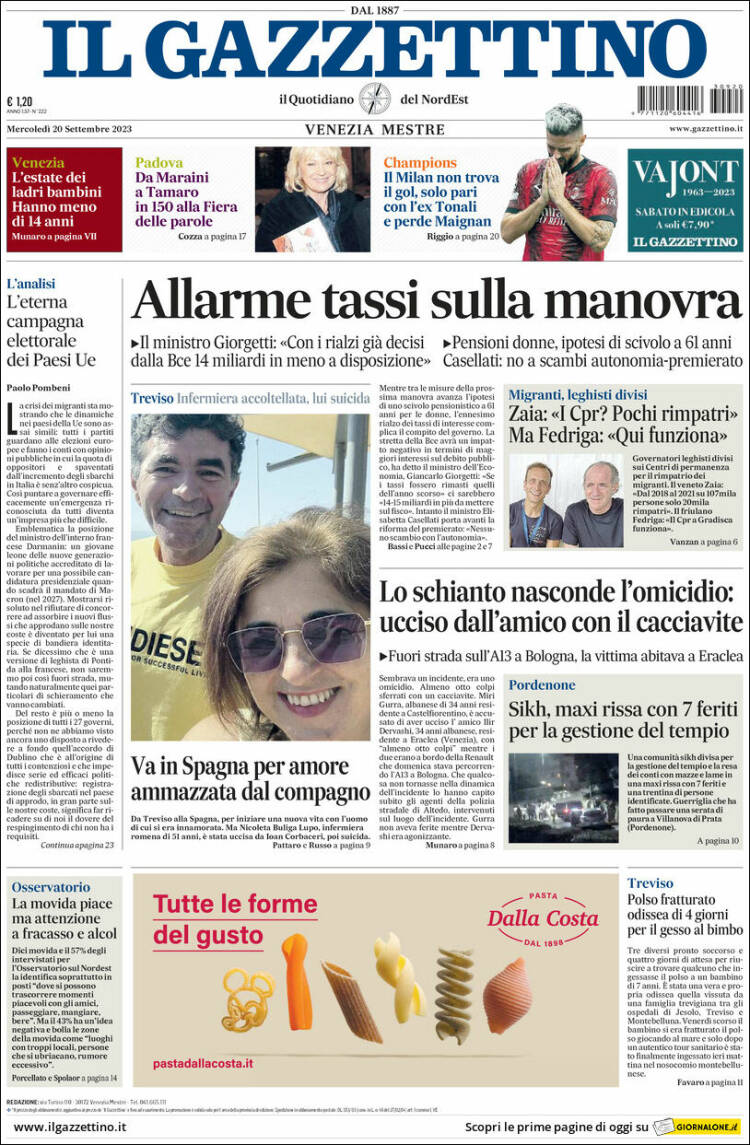 Portada de Il Gazzettino (Italia)