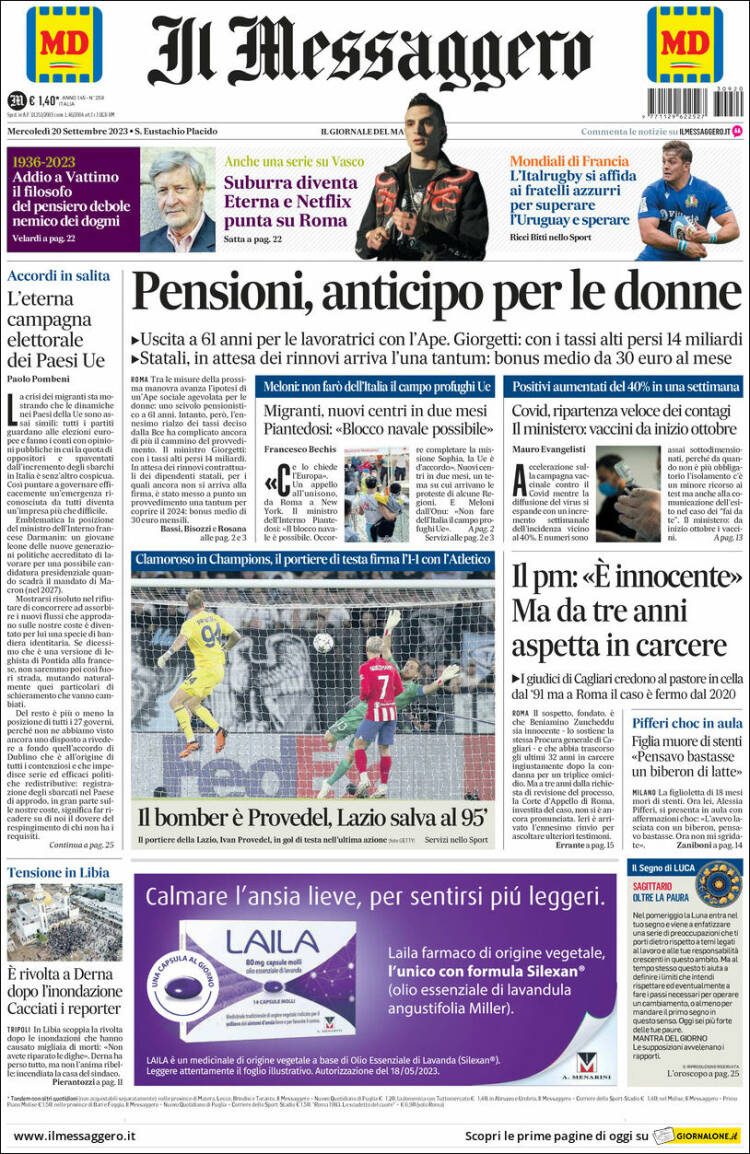 Portada de Il Messaggero (Italia)