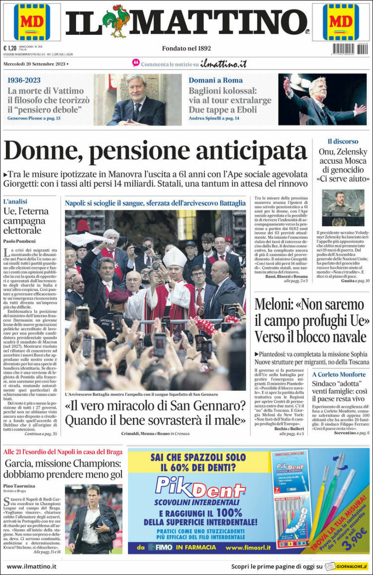 Portada de Il Mattino (Italia)