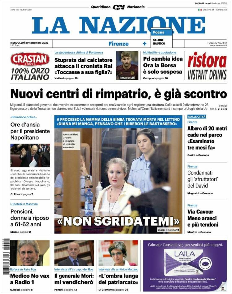 Portada de La Nazione (Italia)