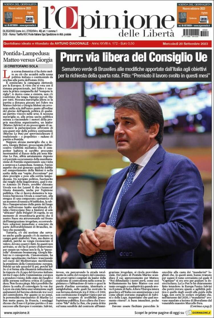 Portada de L'Opinione  delle Libertà (Italia)