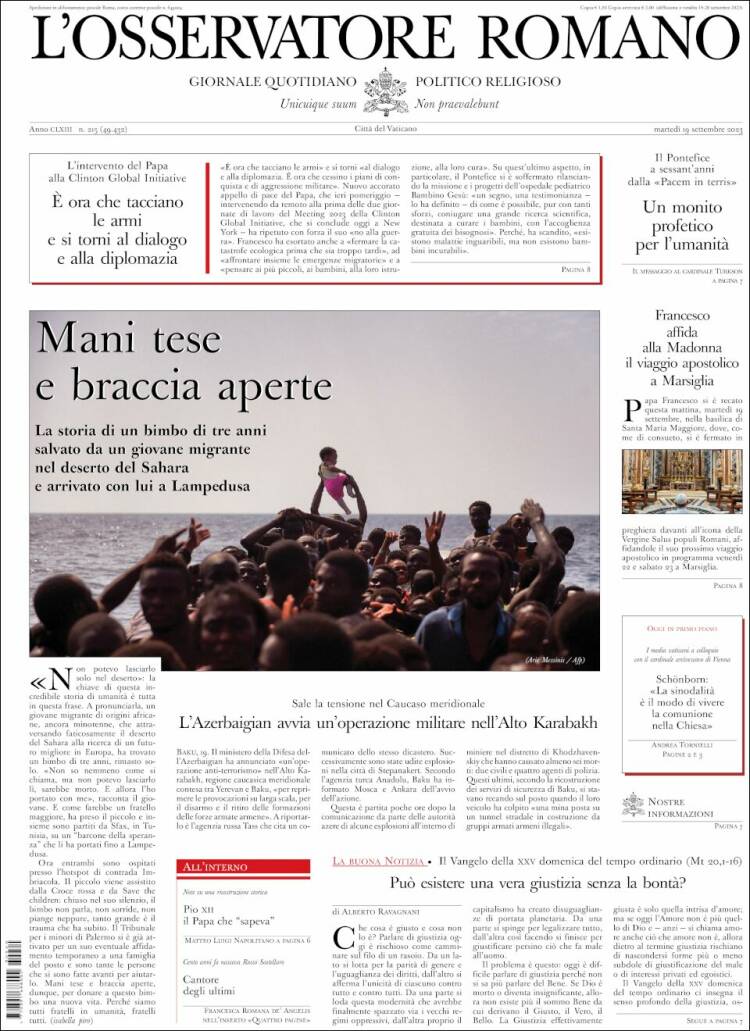 Portada de L'Osservatore Romano (Italia)