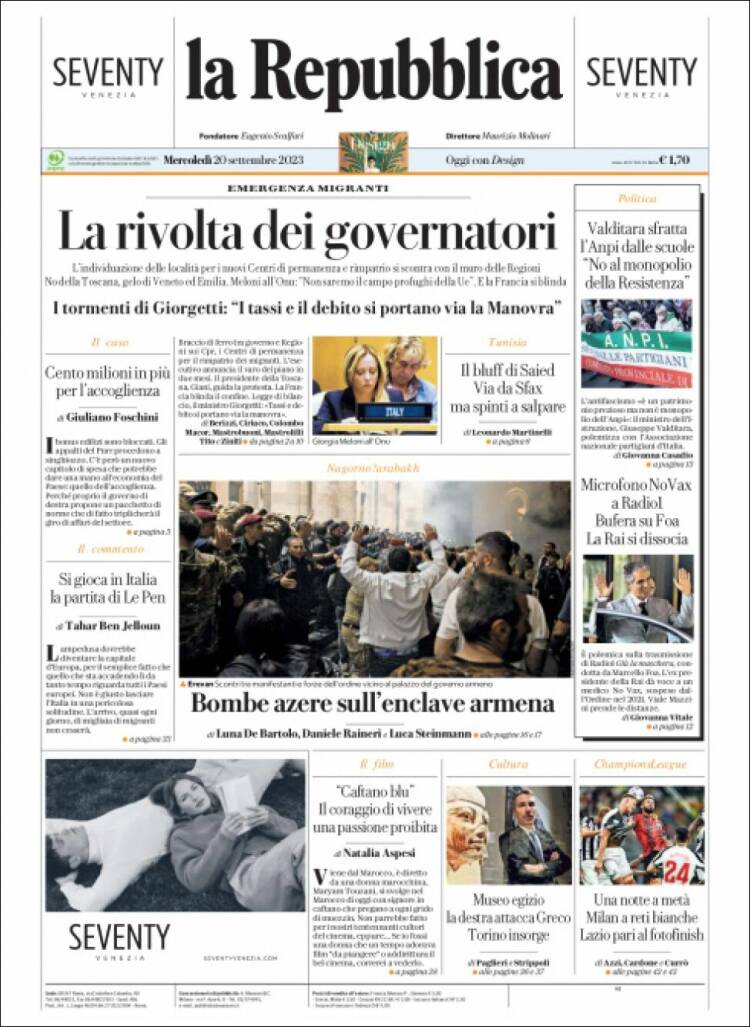 Portada de La Repubblica (Italia)