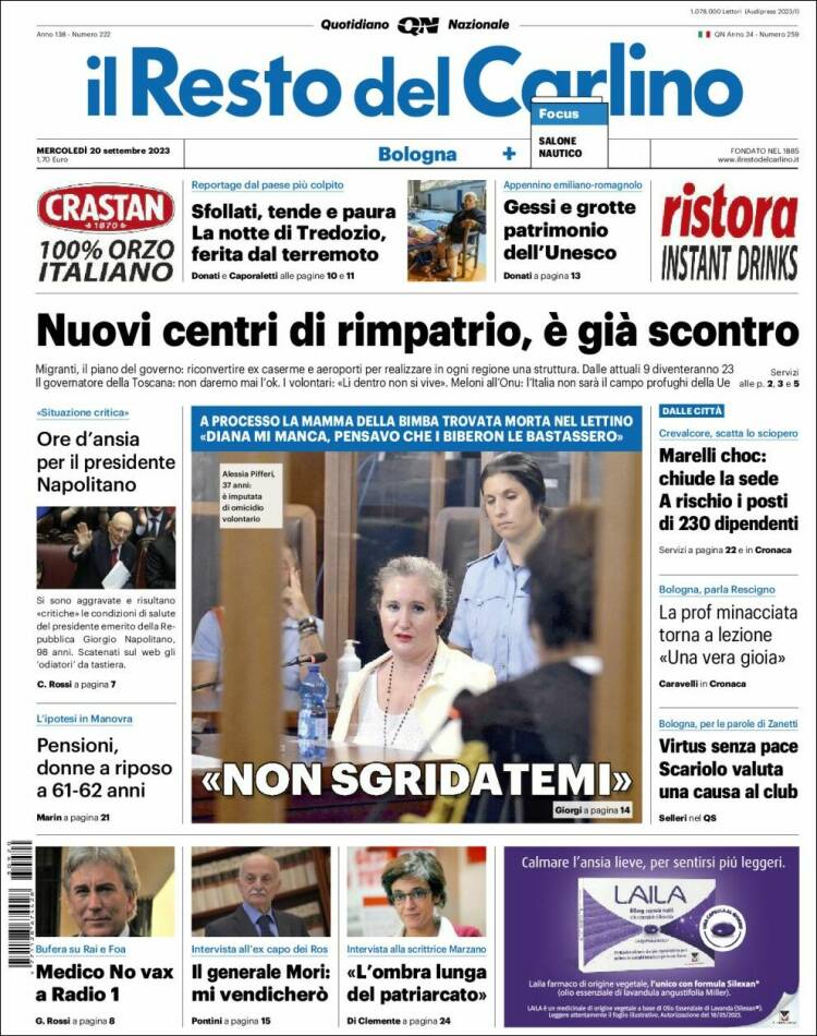 Portada de Il Resto del Carlino (Italia)