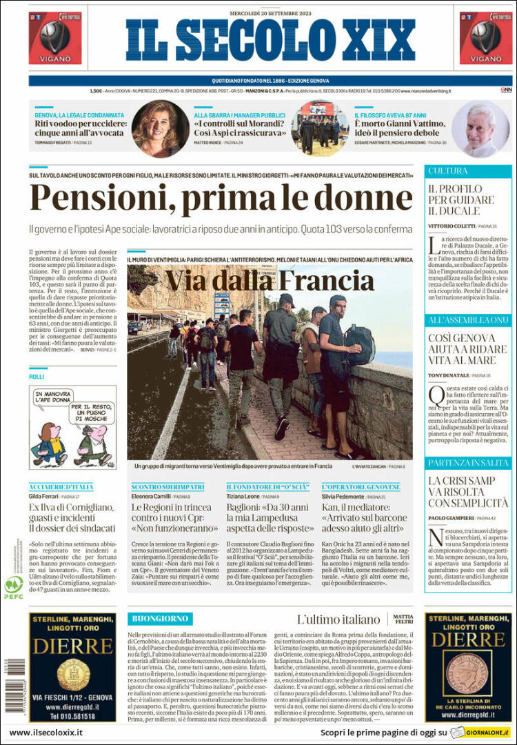 Portada de Il Secolo XIX (Italia)