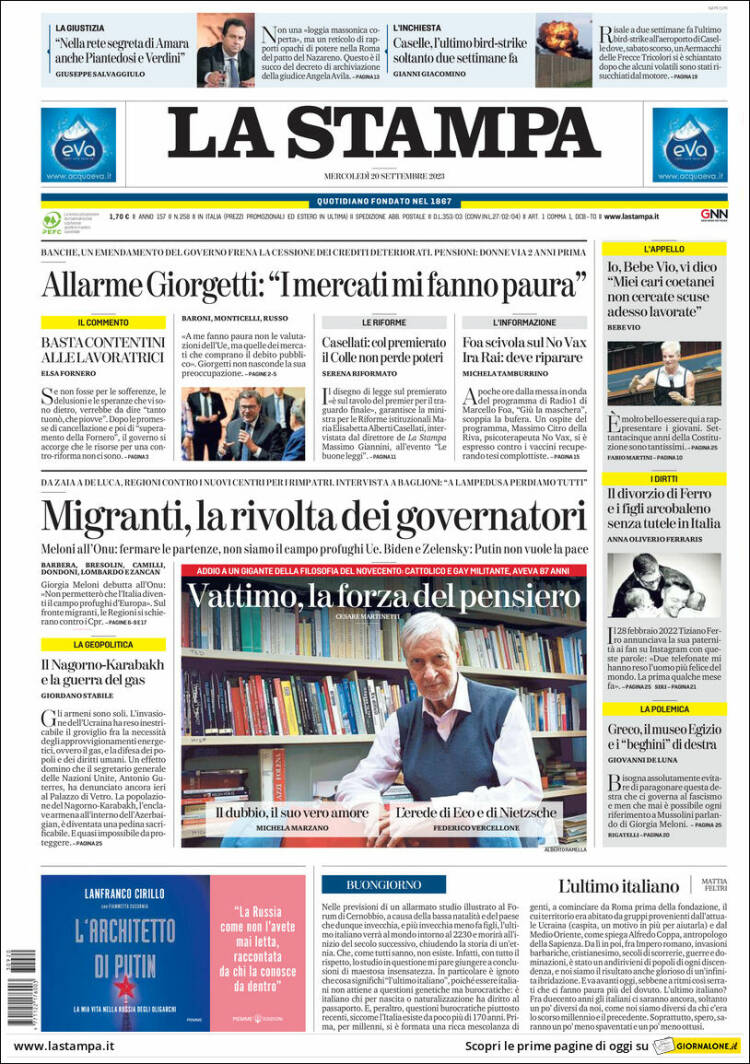 Portada de La Stampa (Italia)