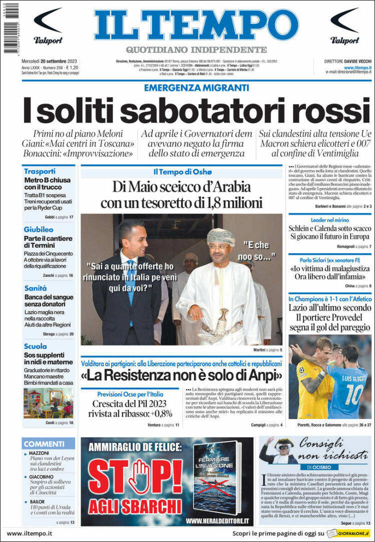 Portada de Il Tempo (Italia)