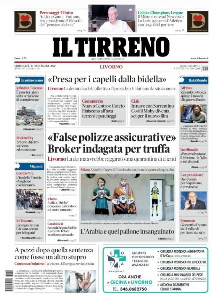 Portada de Il Tirreno (Italia)