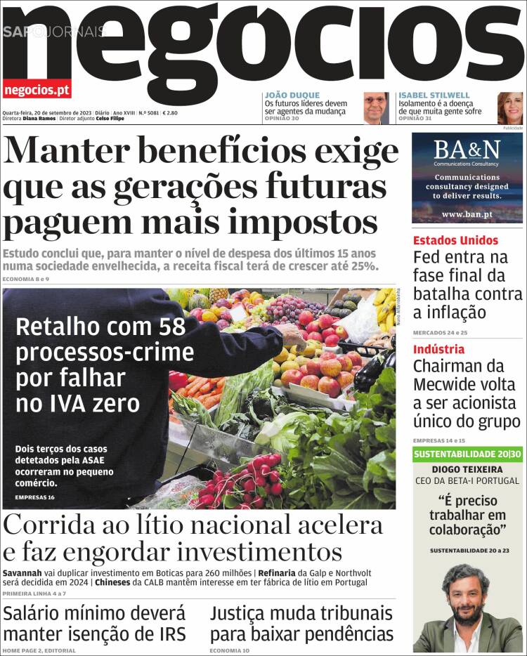 Portada de Jornal de Negócios (Portugal)