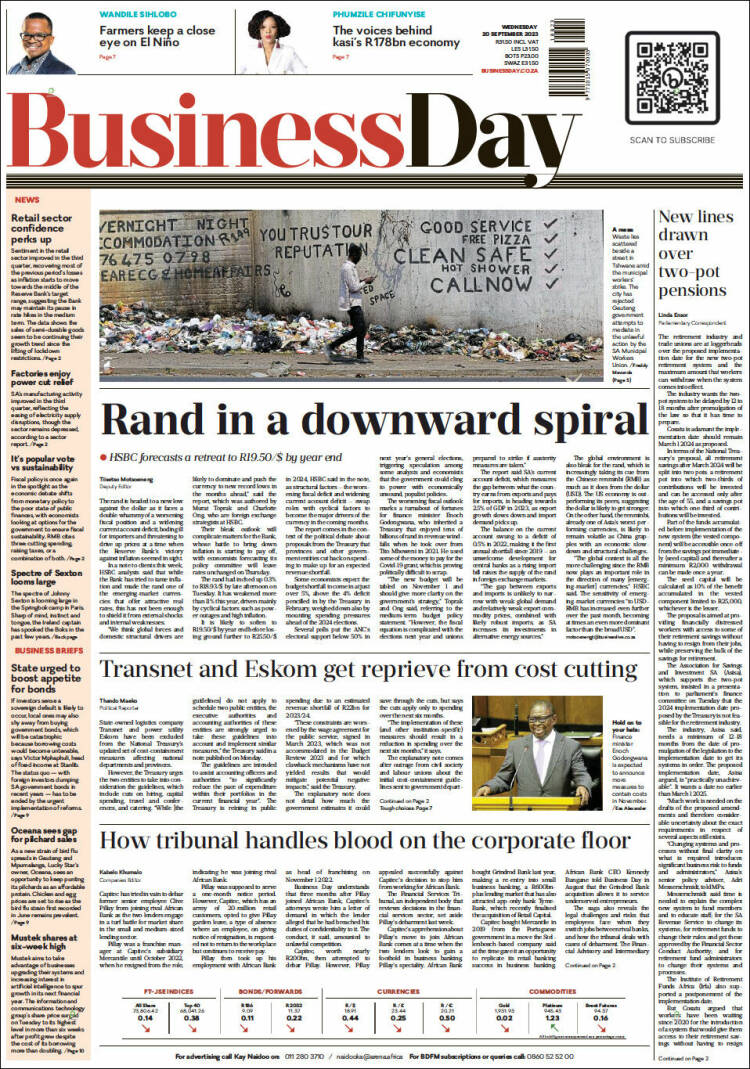 Portada de Business Day (Sud&aacute;frica)