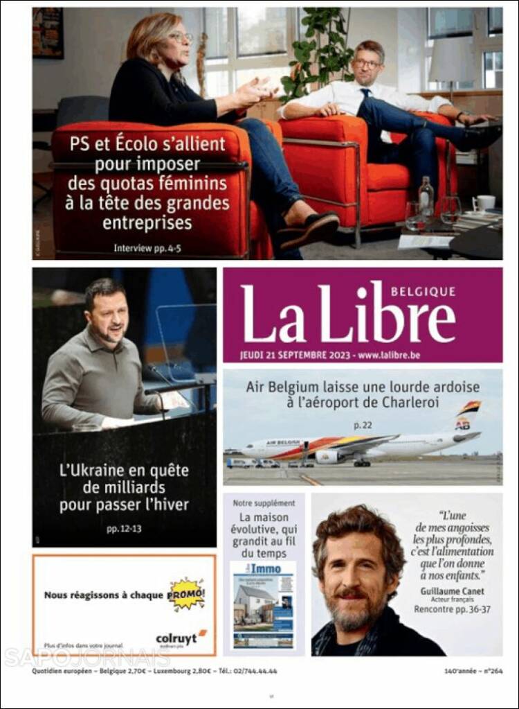 Portada de La Libre.be (B&eacute;lgica)