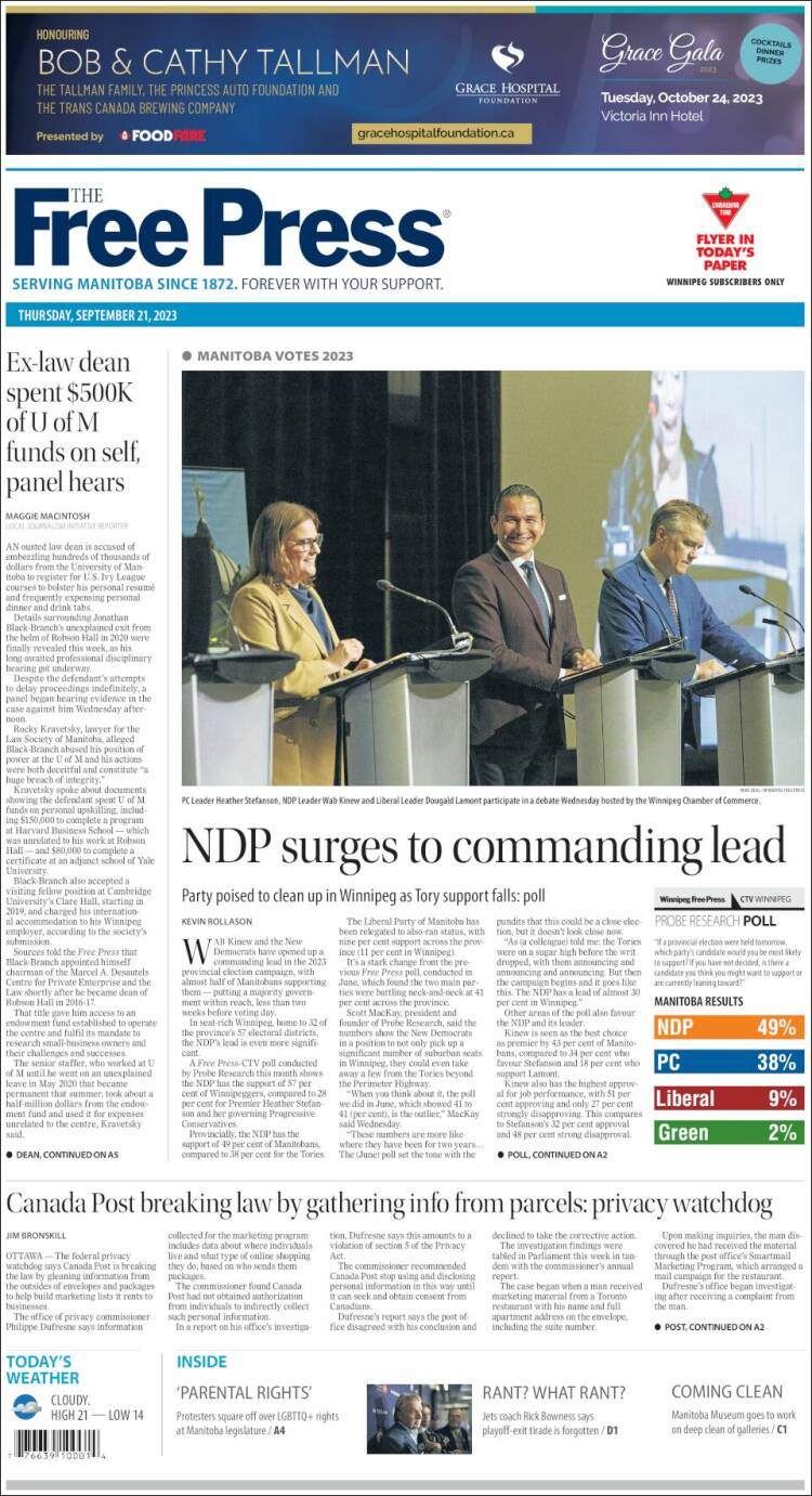 Portada de Winnipeg Free Press (Canadá)