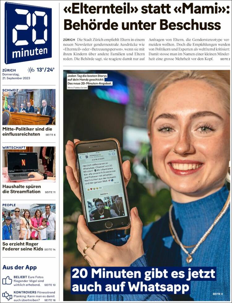 Portada de 20Minuten - Zürich (Suiza)
