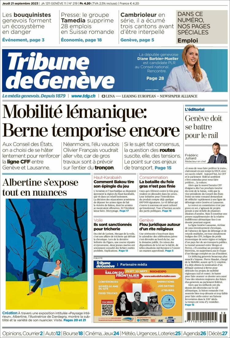 Portada de La Tribune de Genève (Suiza)