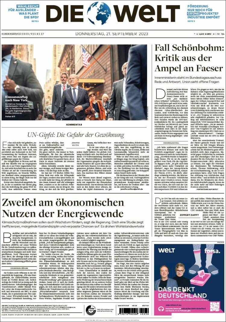 Portada de Die Welt (Alemania)