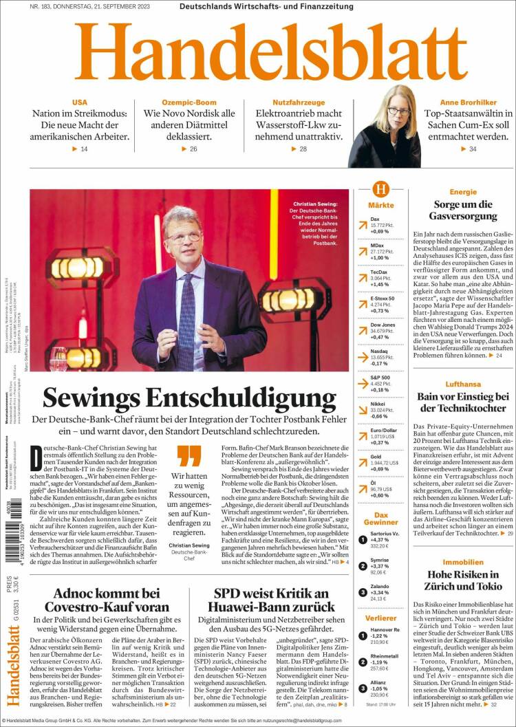 Portada de Handelsblatt (Alemania)