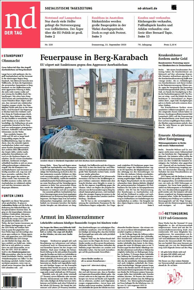 Portada de Neues Deutschland (Alemania)