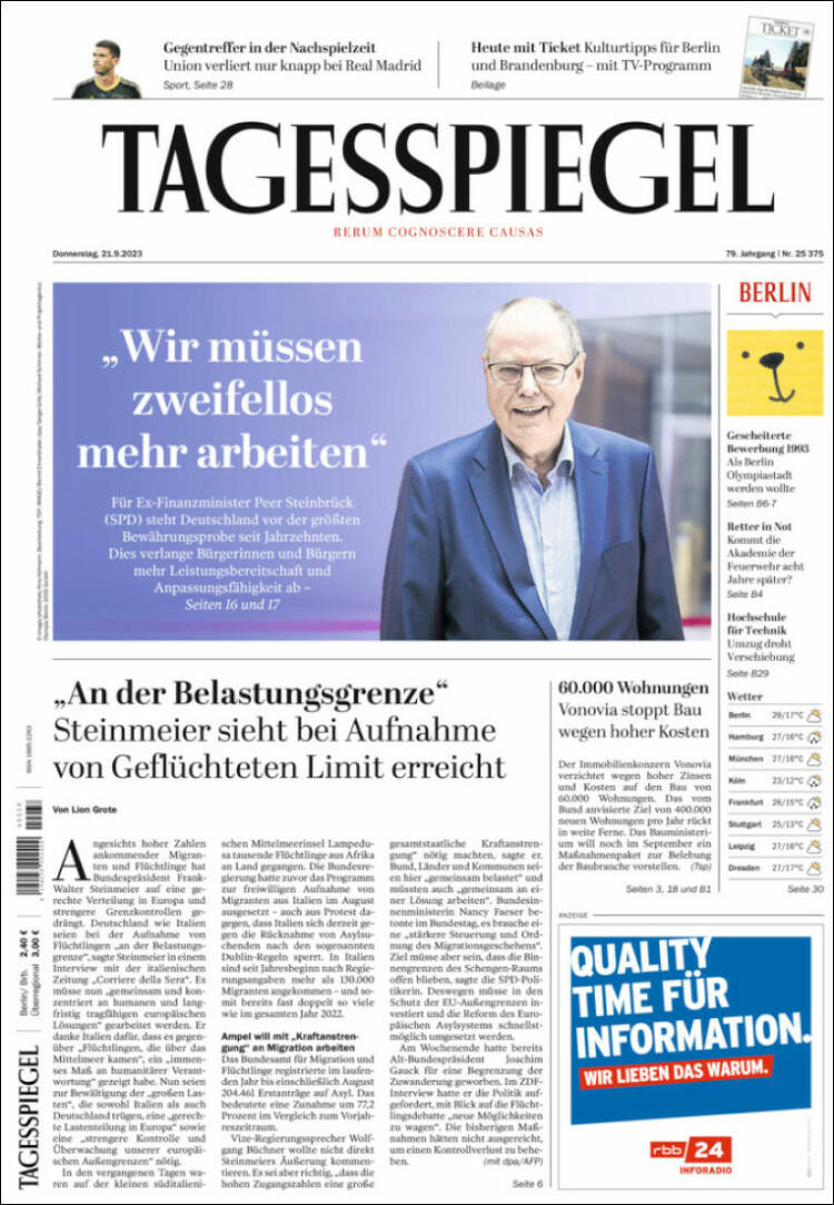 Portada de Der Tagesspiegel (Alemania)