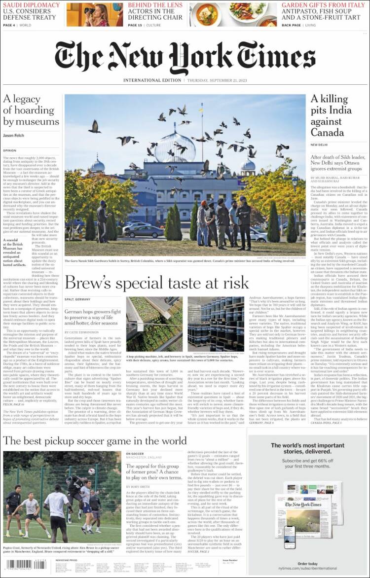 Portada de International New York Times (Europa)