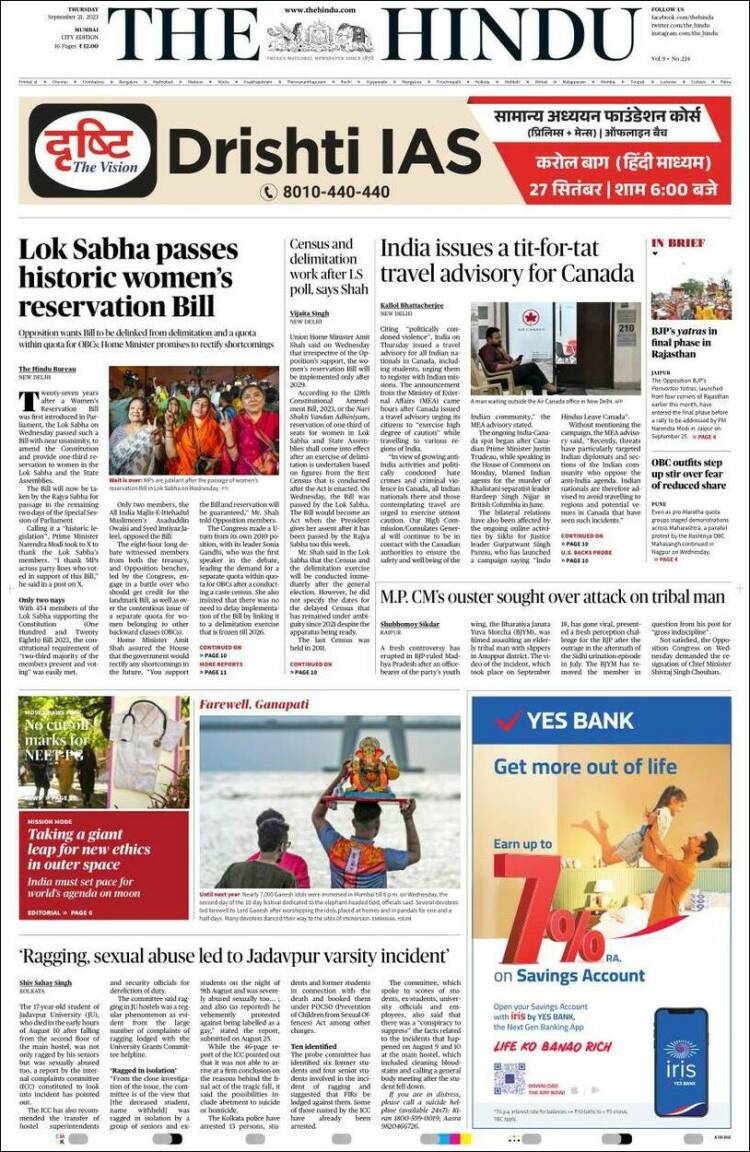 Portada de The Hindu (India)