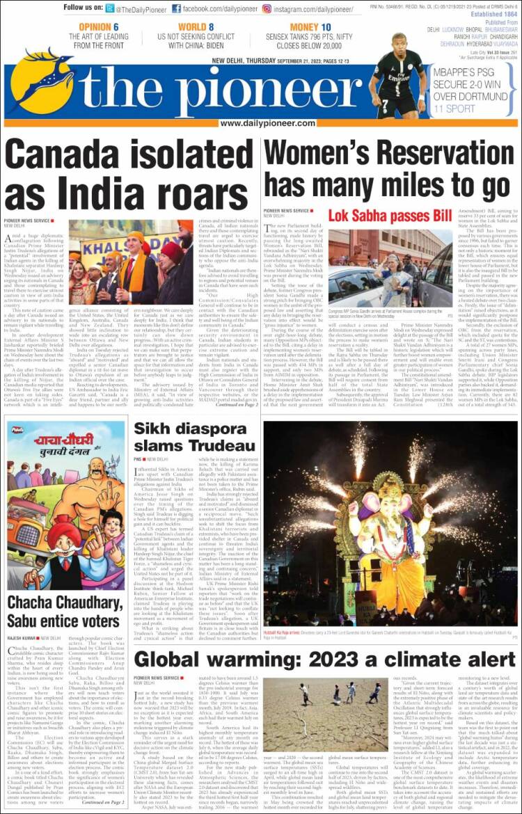 Portada de The Pioneer (India)