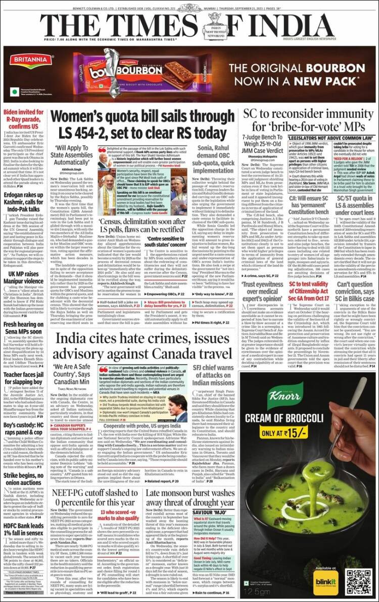 Portada de The Times of India (India)