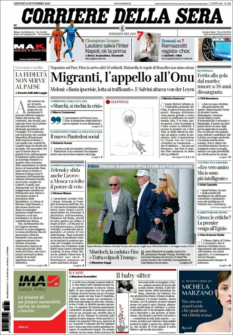 Portada de Corriere della Sera (Italia)