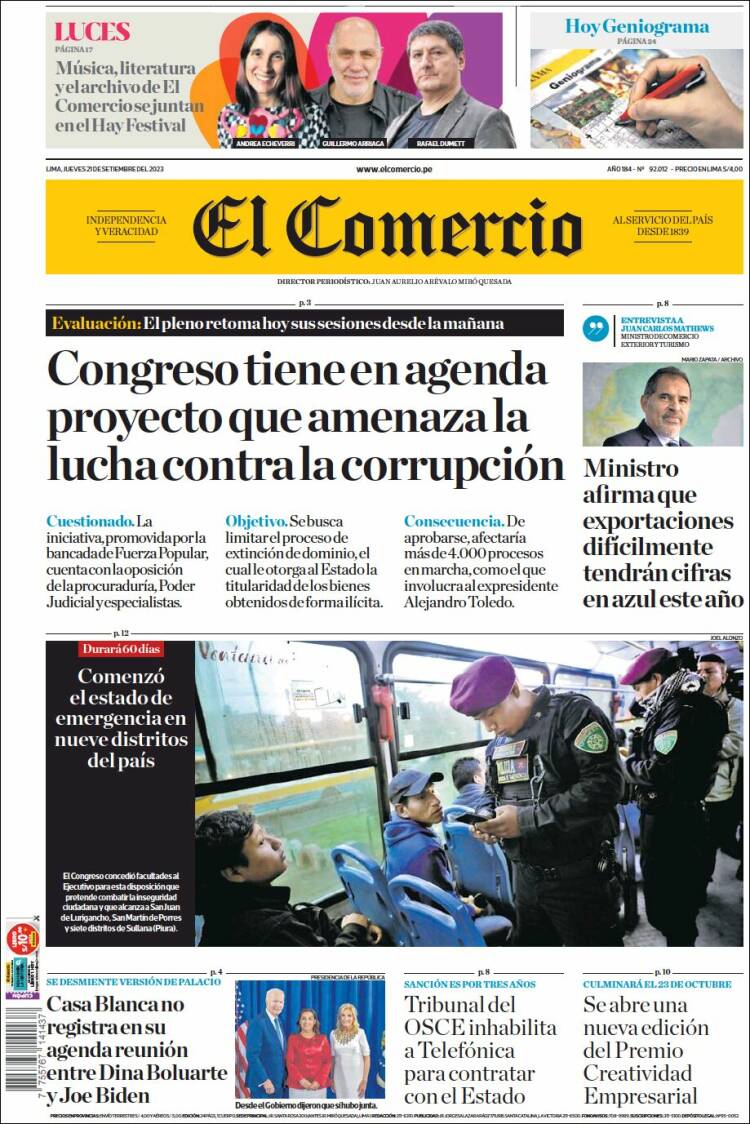 Portada de El Comercio (Perú)