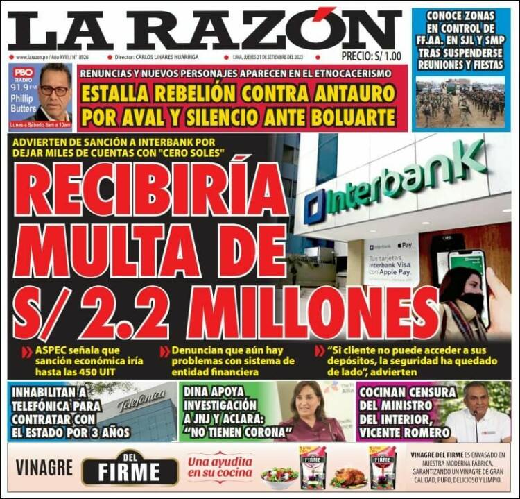 Portada de La Razón (Perú)