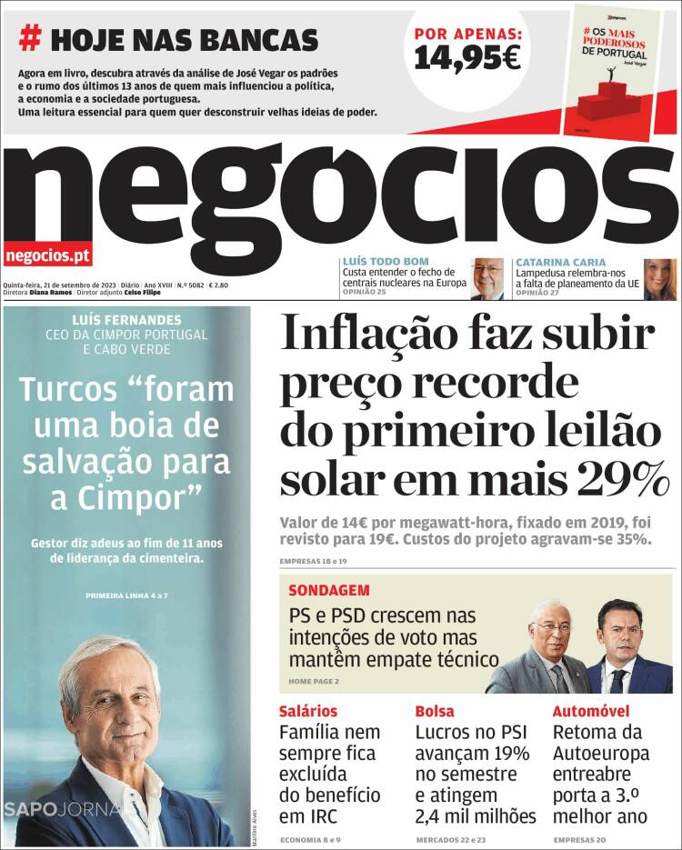 Portada de Jornal de Negócios (Portugal)