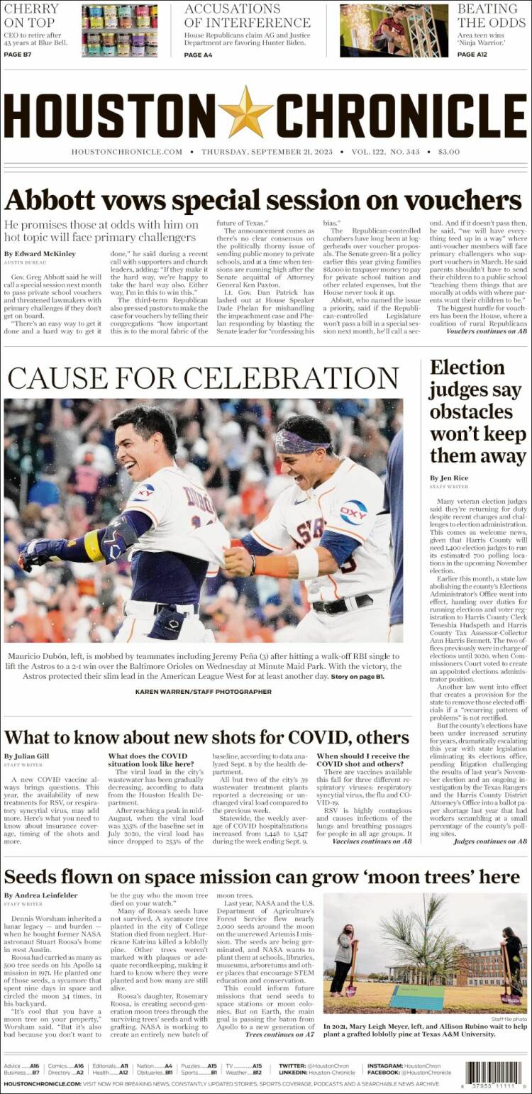 Portada de Houston Chronicle (USA)