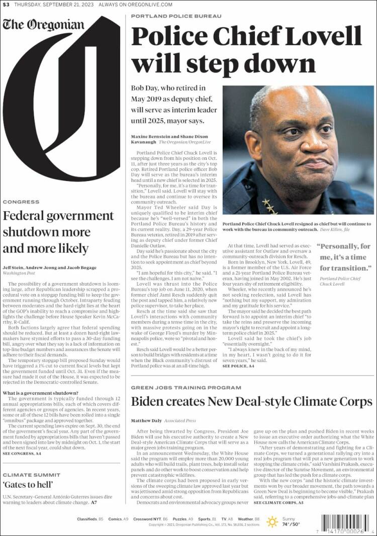 Portada de The Oregonian (USA)