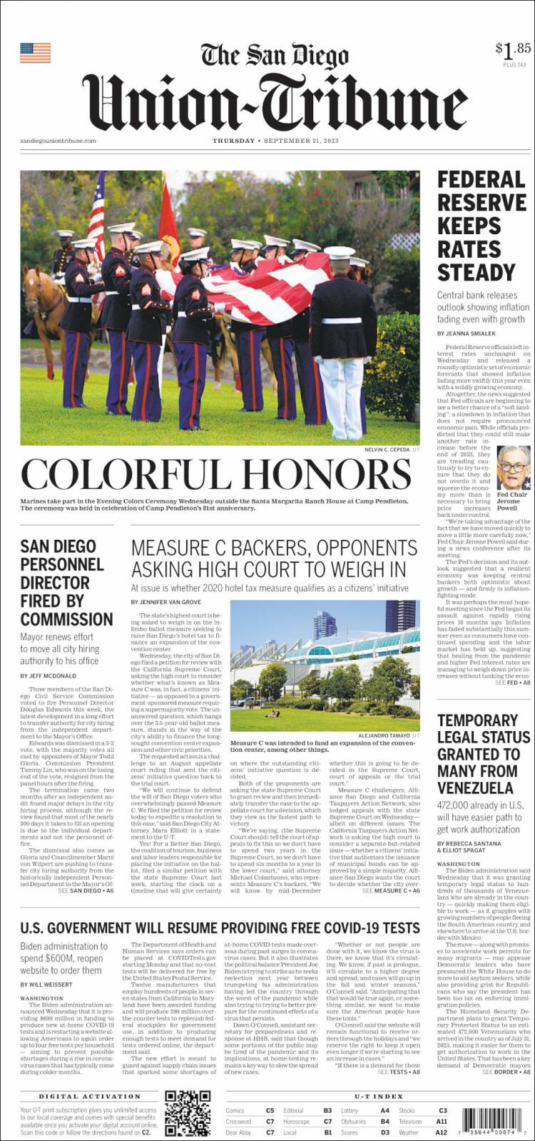 Portada de The San Diego Union-Tribune (USA)