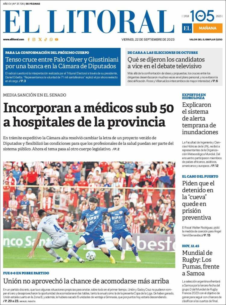 Portada de Diario El Litoral (Argentina)