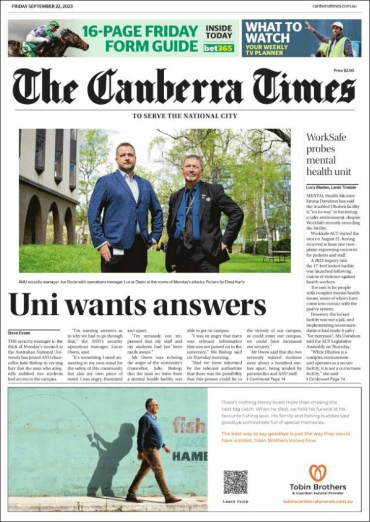 Portada de The Canberra Times (Australia)