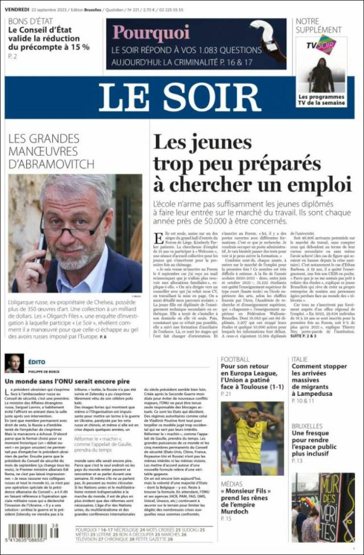 Portada de Le Soir (Belgium)