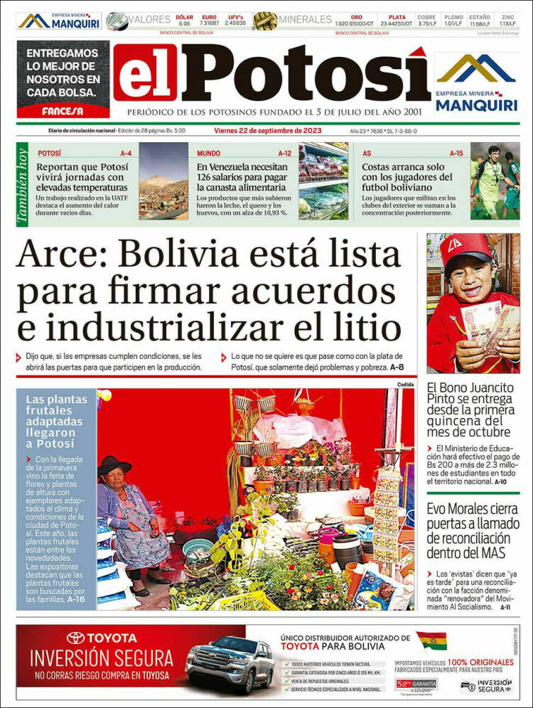 Portada de Diario de Potosí (Bolivia)