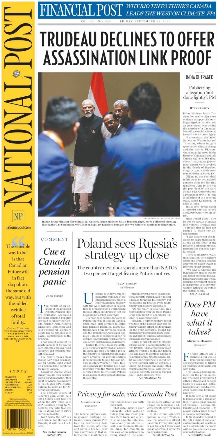 Portada de The National Post (Canadá)