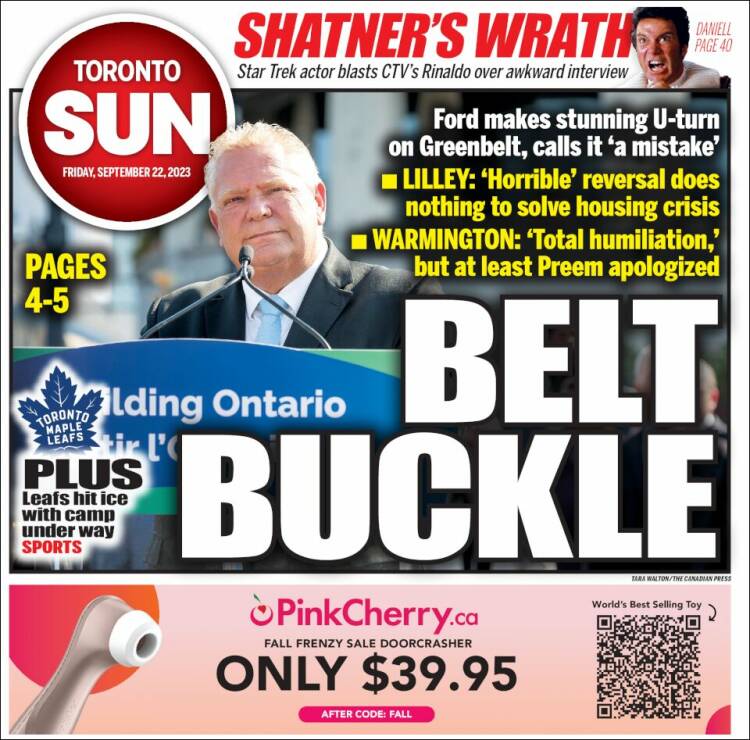 Portada de The Toronto Sun (Canadá)