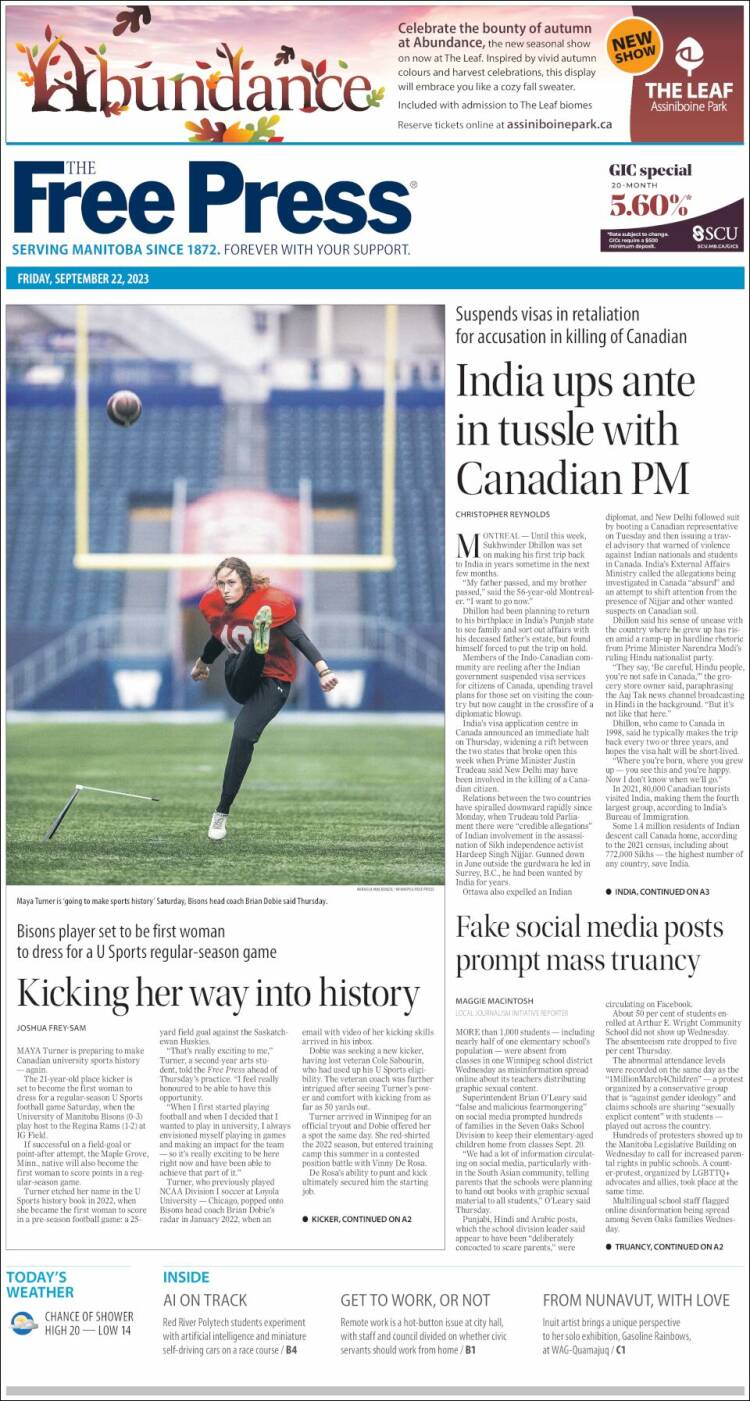 Portada de Winnipeg Free Press (Canadá)