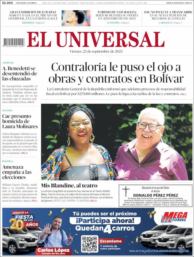 Portada de El Universal (Colombia)