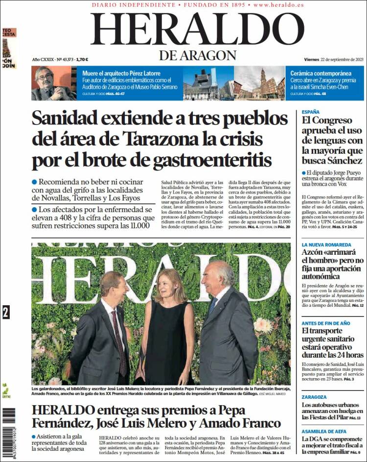 Portada de Heraldo de Aragón (España)