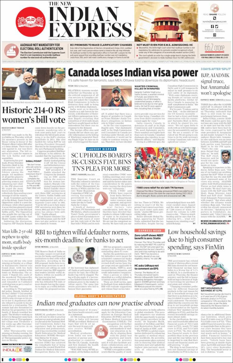 Portada de New Indian Express (India)