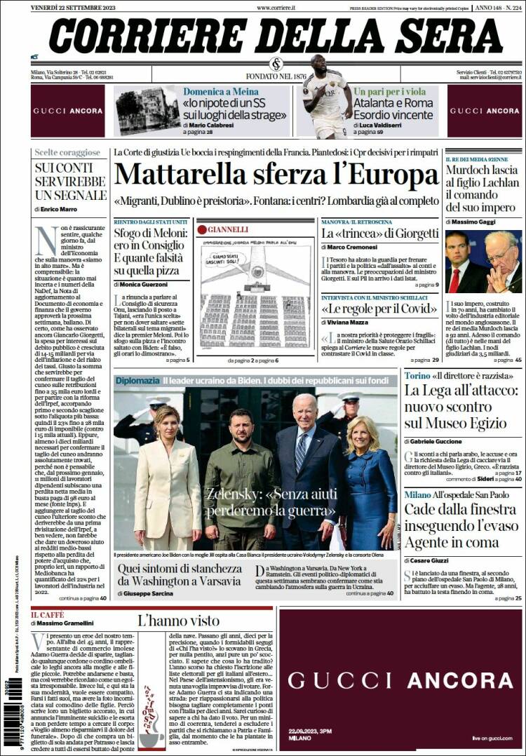 Portada de Corriere della Sera (Italy)