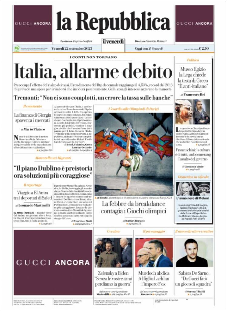 Portada de La Repubblica (Italy)