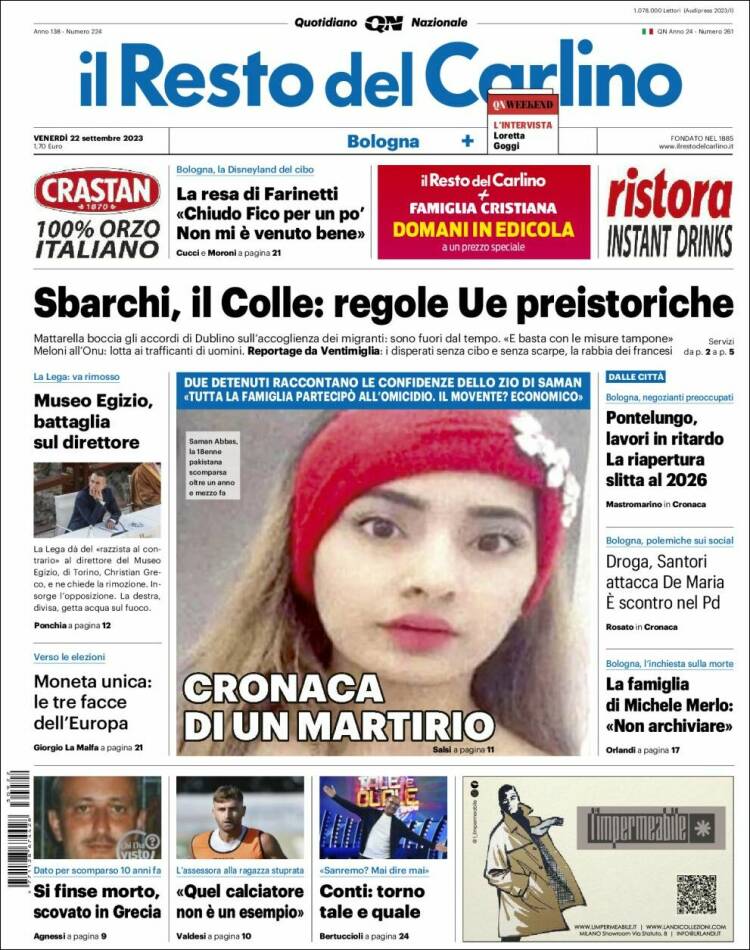 Portada de Il Resto del Carlino (Italy)