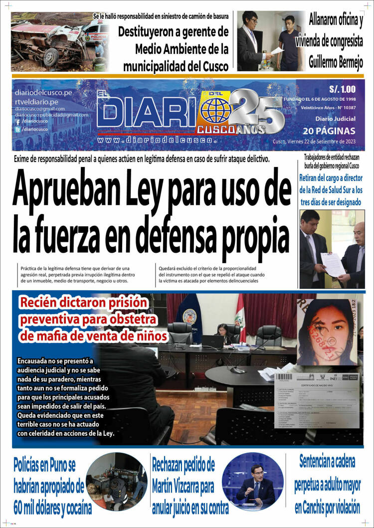 Portada de El Diario del Cusco (Peru)