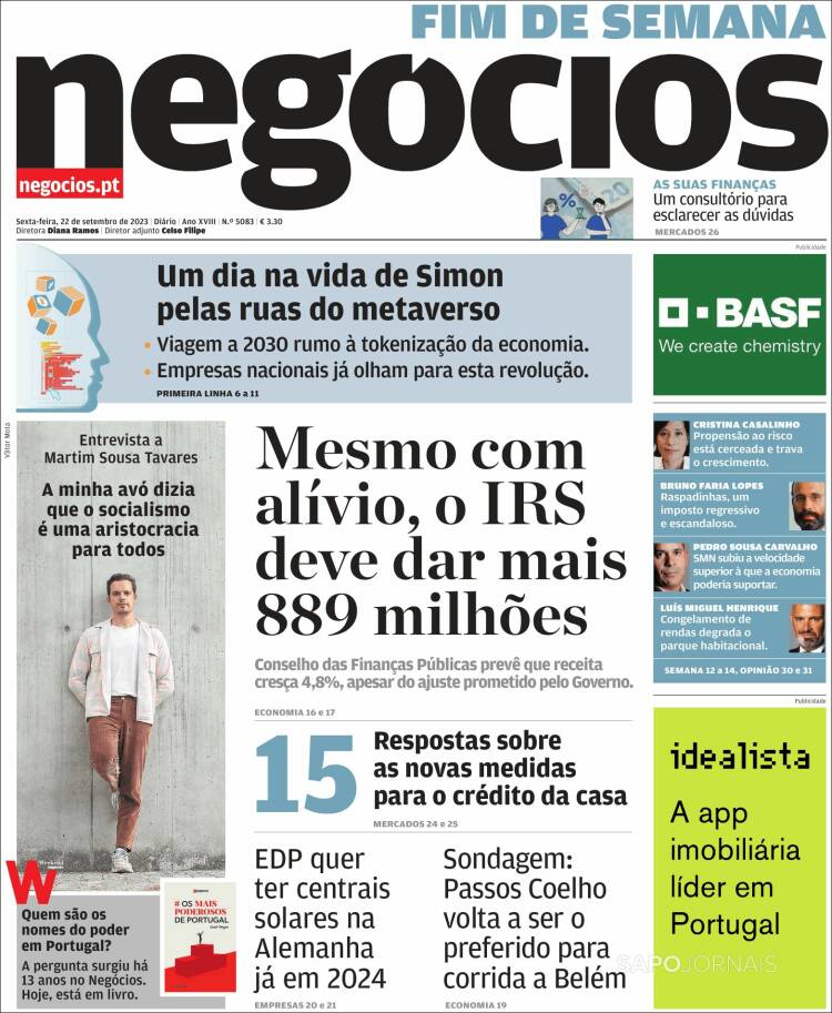 Portada de Jornal de Negócios (Portugal)